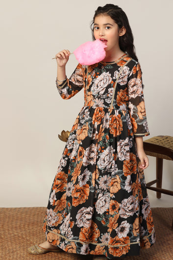Girls Black Georgette Floral Printed Maxi Dress