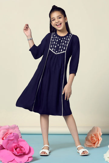 Girls Navy Blue Rayon Embroidered Fit And Flare Knee Length Dress