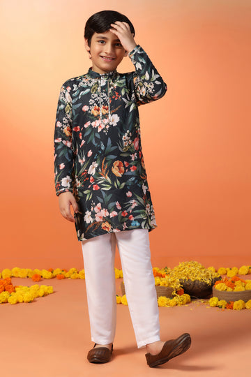 Boys Navy Blue Muslin Floral Printed Straight Kurta With Payjama Set
