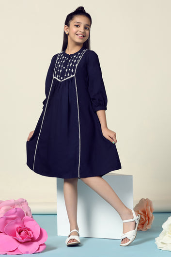 Girls Navy Blue Rayon Embroidered Fit And Flare Knee Length Dress