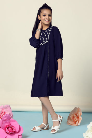 Girls Navy Blue Rayon Embroidered Fit And Flare Knee Length Dress
