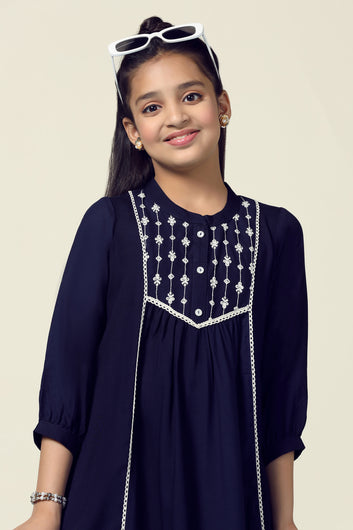 Girls Navy Blue Rayon Embroidered Fit And Flare Knee Length Dress