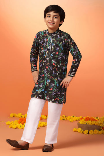 Boys Black Muslin Floral Printed Straight Kurta With Payjama Set