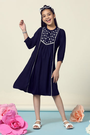 Girls Navy Blue Rayon Embroidered Fit And Flare Knee Length Dress