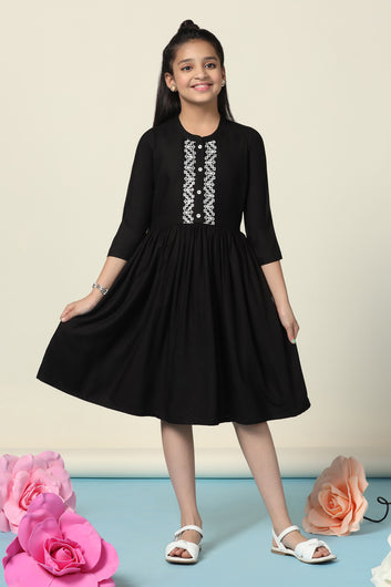Girls Black Rayon Embroidered Fit And Flare Knee Length Dress