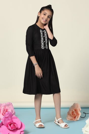 Girls Black Rayon Embroidered Fit And Flare Knee Length Dress