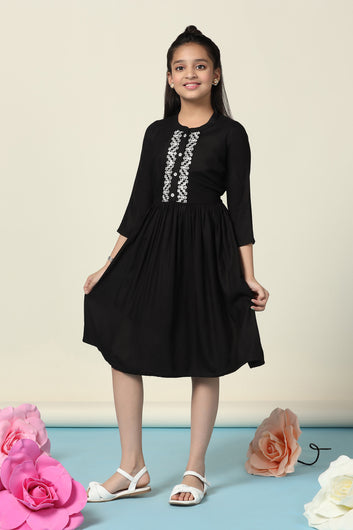 Girls Black Rayon Embroidered Fit And Flare Knee Length Dress