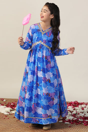 Girls Blue Georgette Floral Printed Maxi Length Dress