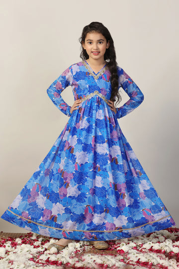 Girls Blue Georgette Floral Printed Maxi Length Dress