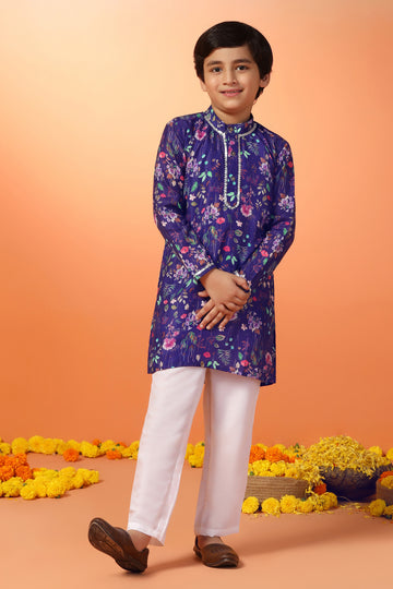 Boys Purple Muslin Floral Printed Straight Kurta With Payjama Set
