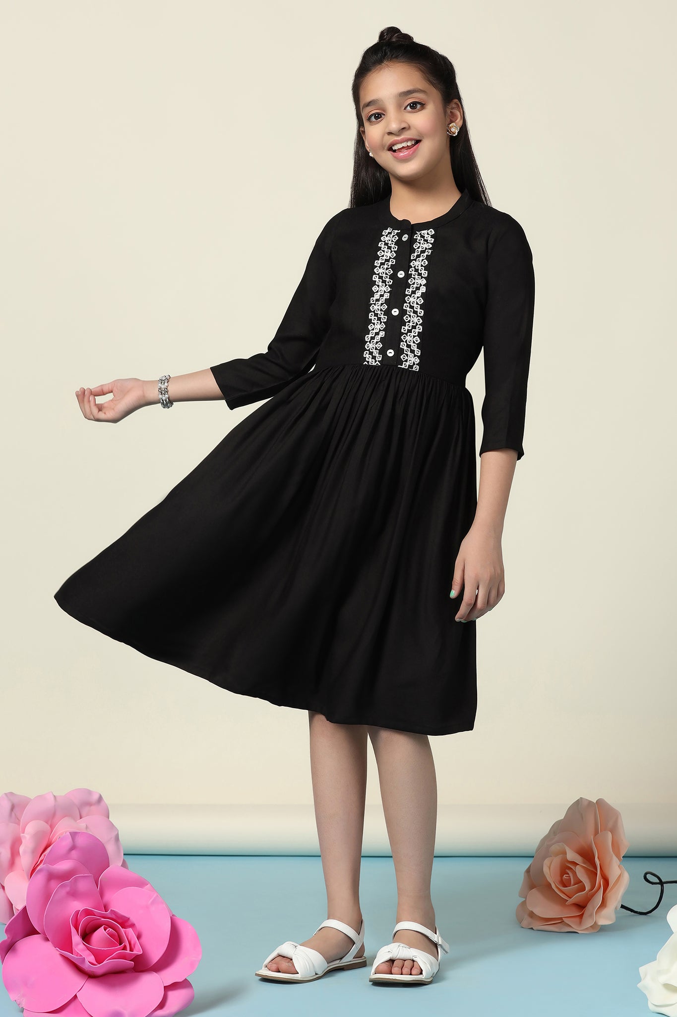 Girls Black Rayon Embroidered Fit And Flare Knee Length Dress