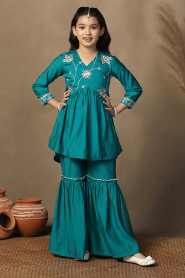 Girls Turquoise Chanderi Silk Ethnic Embroidered Peplum Style Kurta With Sharara Set