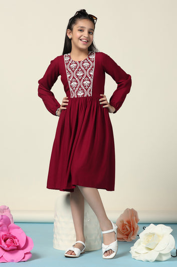 Girls Maroon Rayon Embroidered Fit And Flare Knee Length Dress