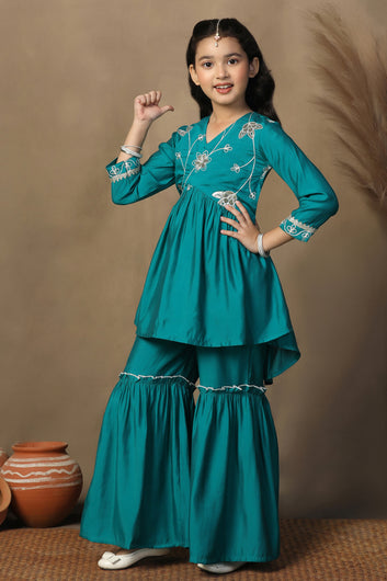 Girls Turquoise Chanderi Silk Ethnic Embroidered Peplum Style Kurta With Sharara Set