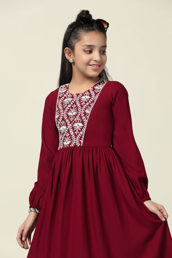 Girls Maroon Rayon Embroidered Fit And Flare Knee Length Dress