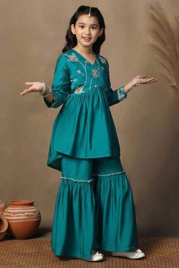 Girls Turquoise Chanderi Silk Ethnic Embroidered Peplum Style Kurta With Sharara Set