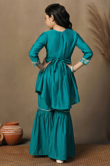 Girls Turquoise Chanderi Silk Ethnic Embroidered Peplum Style Kurta With Sharara Set
