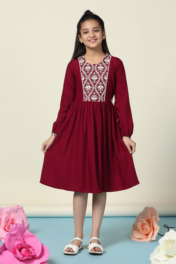 Girls Maroon Rayon Embroidered Fit And Flare Knee Length Dress