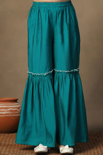 Girls Turquoise Chanderi Silk Ethnic Embroidered Peplum Style Kurta With Sharara Set