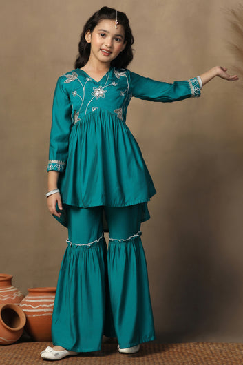 Girls Turquoise Chanderi Silk Ethnic Embroidered Peplum Style Kurta With Sharara Set