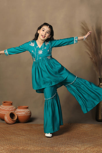 Girls Turquoise Chanderi Silk Ethnic Embroidered Peplum Style Kurta With Sharara Set