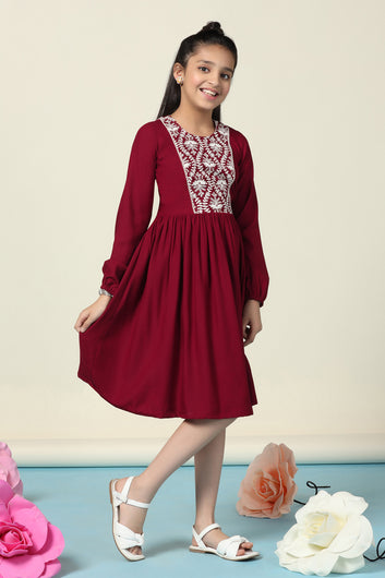 Girls Maroon Rayon Embroidered Fit And Flare Knee Length Dress