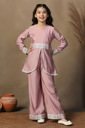Girls Mauve Chanderi Blend Ethnic Embroidered Front-Slit Peplum Style Kurta With Palazzo Set