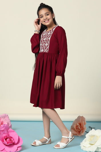 Girls Maroon Rayon Embroidered Fit And Flare Knee Length Dress