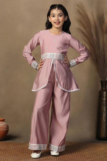 Girls Mauve Chanderi Blend Ethnic Embroidered Front-Slit Peplum Style Kurta With Palazzo Set