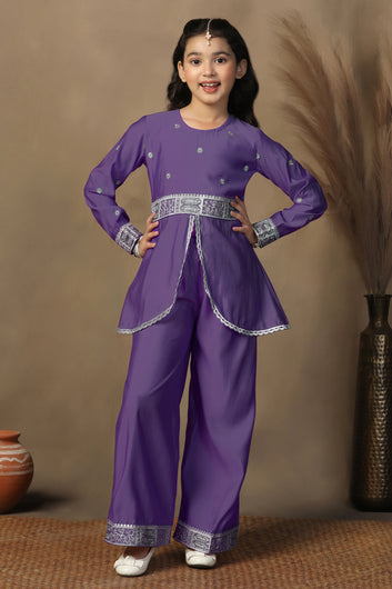 Girls Purple Chanderi Blend Ethnic Embroidered Front-Slit Peplum Style Kurta With Palazzo Set