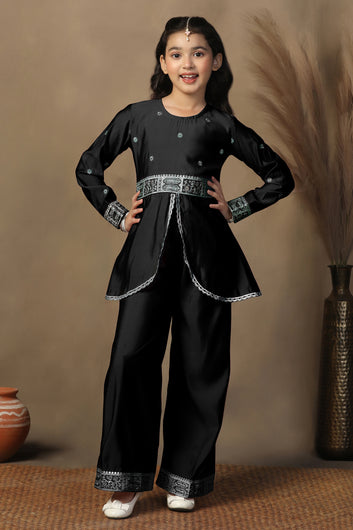Girls Black Chanderi Blend Ethnic Embroidered Front-Slit Peplum Style Kurta With Palazzo Set