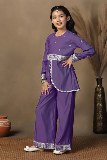 Girls Purple Chanderi Blend Ethnic Embroidered Front-Slit Peplum Style Kurta With Palazzo Set