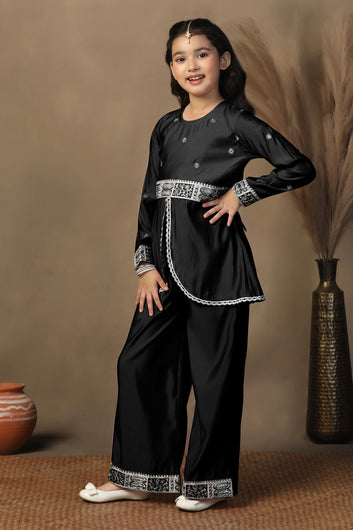 Girls Black Chanderi Blend Ethnic Embroidered Front-Slit Peplum Style Kurta With Palazzo Set