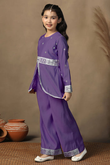 Girls Purple Chanderi Blend Ethnic Embroidered Front-Slit Peplum Style Kurta With Palazzo Set