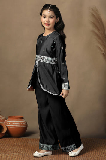 Girls Black Chanderi Blend Ethnic Embroidered Front-Slit Peplum Style Kurta With Palazzo Set
