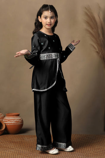Girls Black Chanderi Blend Ethnic Embroidered Front-Slit Peplum Style Kurta With Palazzo Set