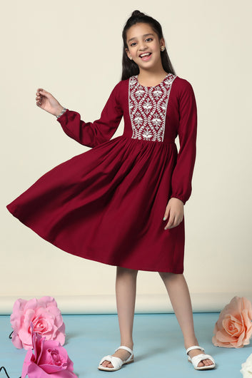 Girls Maroon Rayon Embroidered Fit And Flare Knee Length Dress