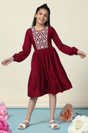 Girls Maroon Rayon Embroidered Fit And Flare Knee Length Dress