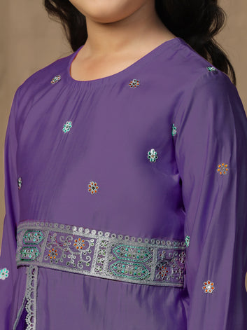 Girls Purple Chanderi Blend Ethnic Embroidered Front-Slit Peplum Style Kurta With Palazzo Set