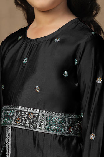 Girls Black Chanderi Blend Ethnic Embroidered Front-Slit Peplum Style Kurta With Palazzo Set