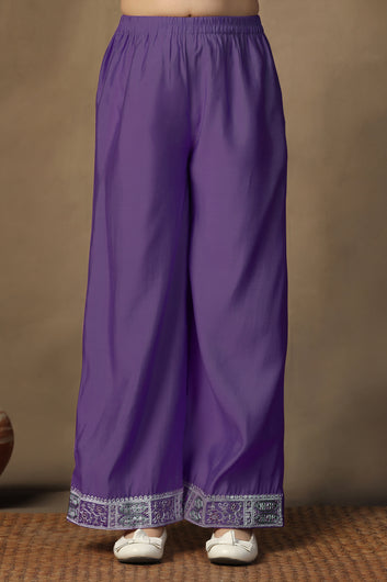 Girls Purple Chanderi Blend Ethnic Embroidered Front-Slit Peplum Style Kurta With Palazzo Set