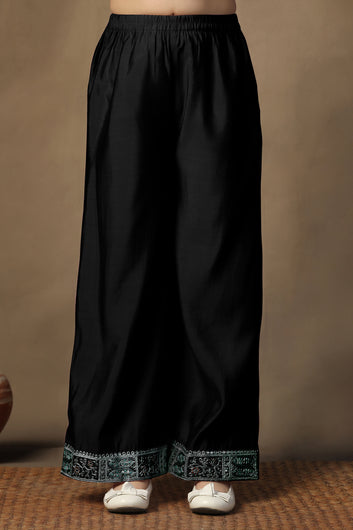 Girls Black Chanderi Blend Ethnic Embroidered Front-Slit Peplum Style Kurta With Palazzo Set