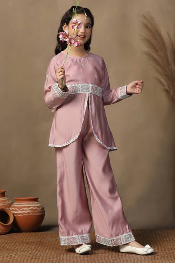 Girls Mauve Chanderi Blend Ethnic Embroidered Front-Slit Peplum Style Kurta With Palazzo Set