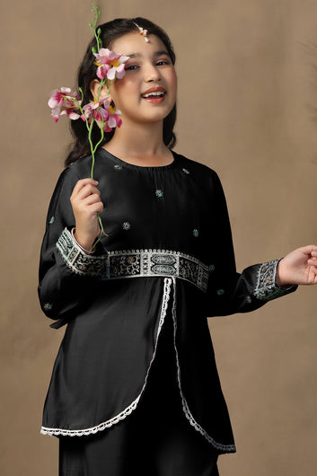 Girls Black Chanderi Blend Ethnic Embroidered Front-Slit Peplum Style Kurta With Palazzo Set