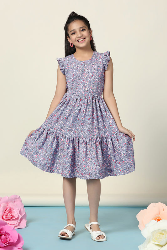 Girls Grey BSY Floral Printed Tiered Knee Length Dress
