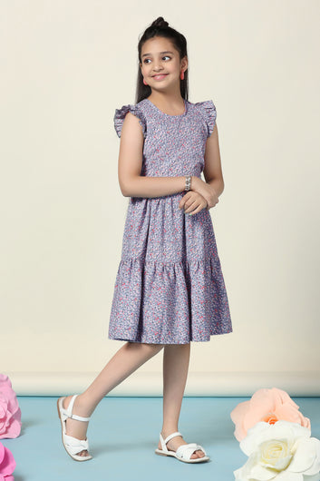 Girls Grey BSY Floral Printed Tiered Knee Length Dress