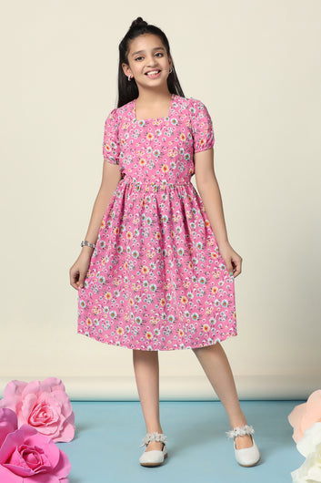 Girls Pink Lexus Checks Floral Printed Fit And Flare Knee Length Dress