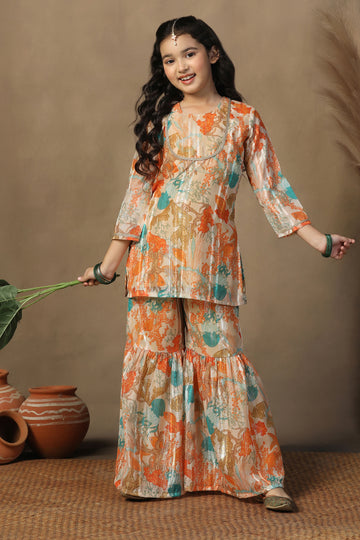 Girls Orange Georgette Printed Kurta Sharara Set