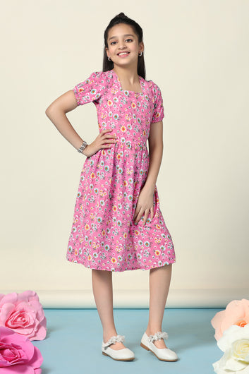 Girls Pink Lexus Checks Floral Printed Fit And Flare Knee Length Dress