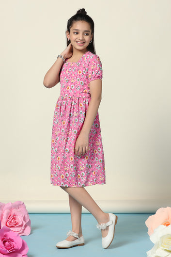 Girls Pink Lexus Checks Floral Printed Fit And Flare Knee Length Dress